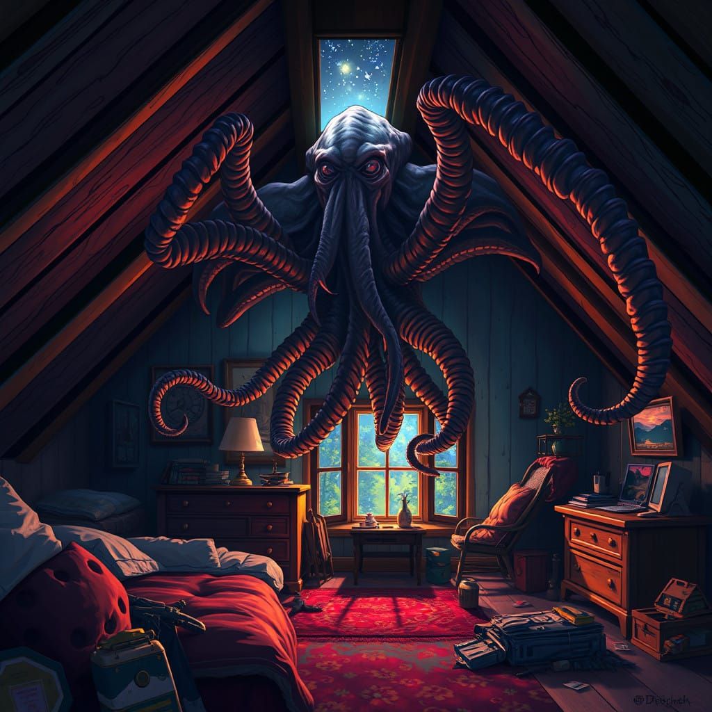 Cthulhu Contemplating the Stars in a Dreamy Attic Scene