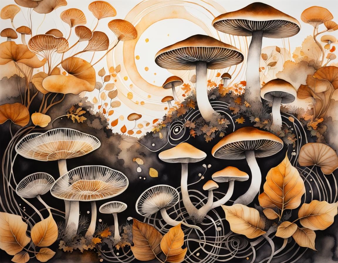 Chinese Ink Painting: Mushrooms and Motherboard Circuitry