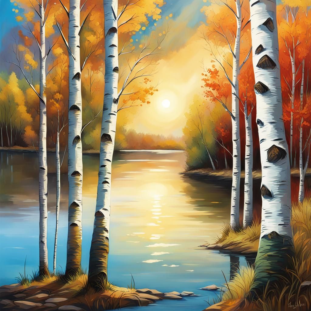 Hyperrealistic Birch Trees and Lake Splash Art