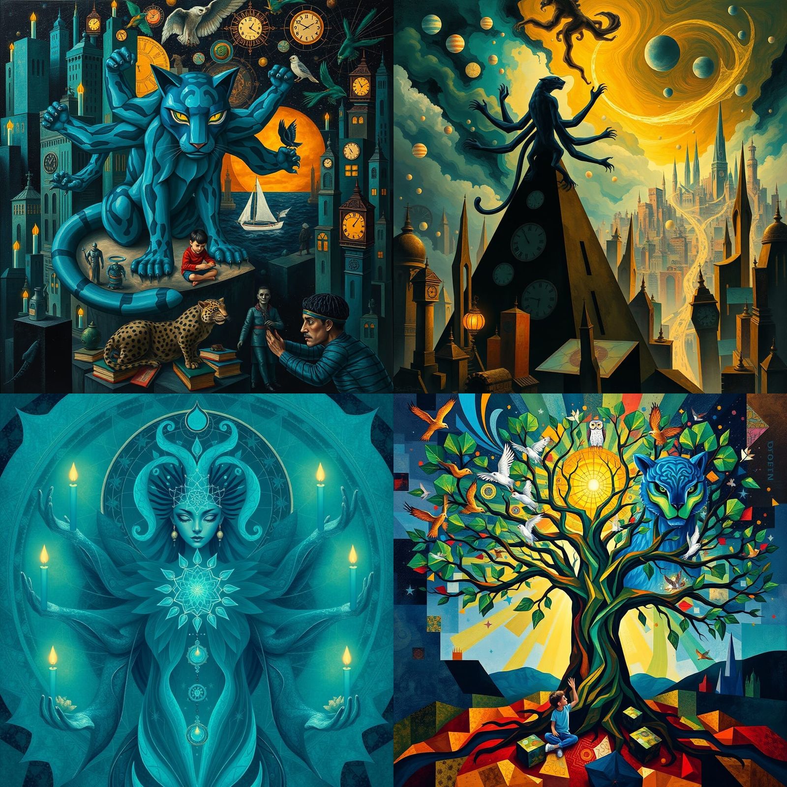 Mystical Tree of Time: Panther, Boy, and Birds