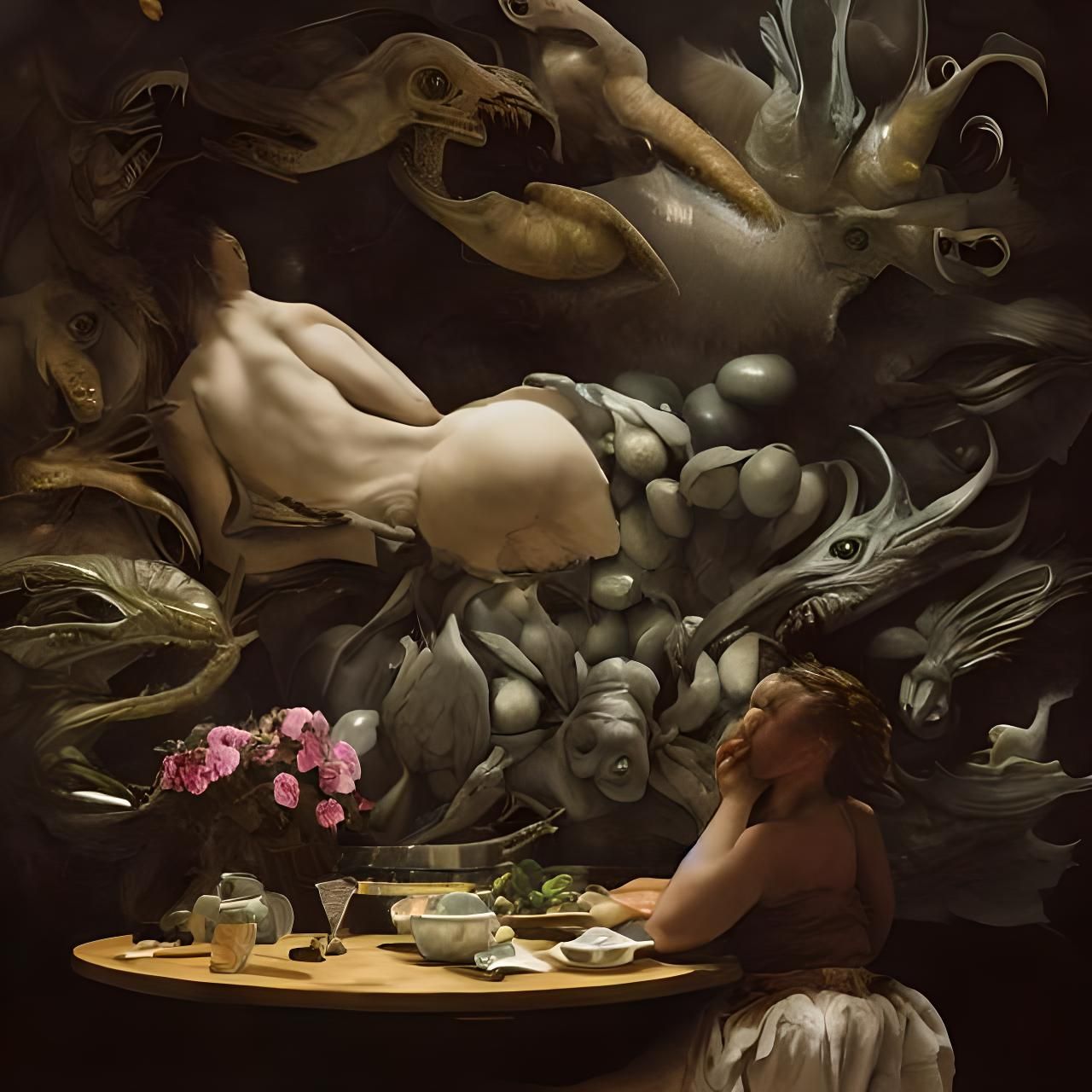 Woman Sees Visions: Hyperrealistic Ornate Painting