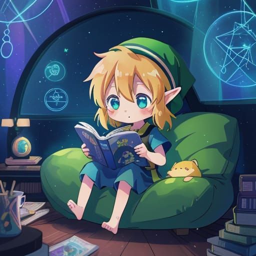 Chibi Link in Cozy Sci-Fi Cabin: Vibrant Anime Art