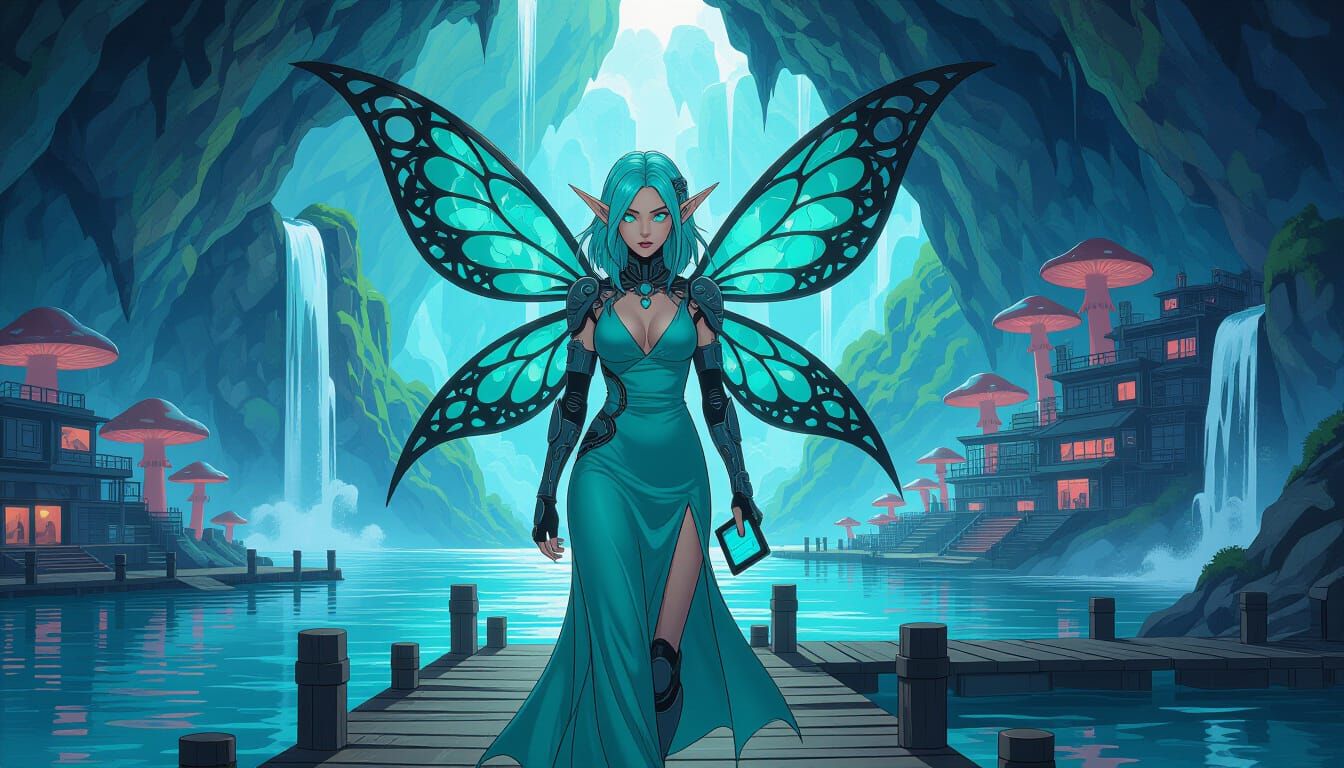 Cyborg Elf Woman on Dock in Cyberpunk Cavern