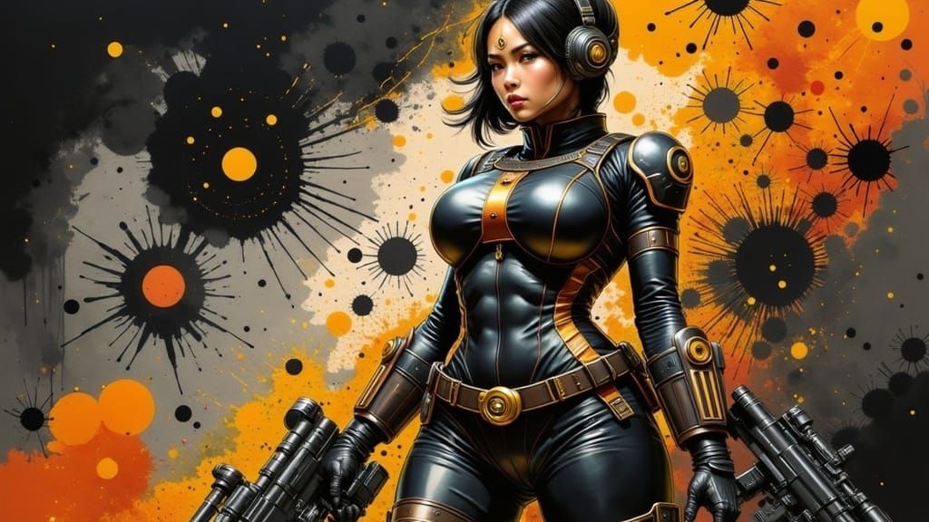 Techwear Girl with Mechanic Spider in Black Outline Art