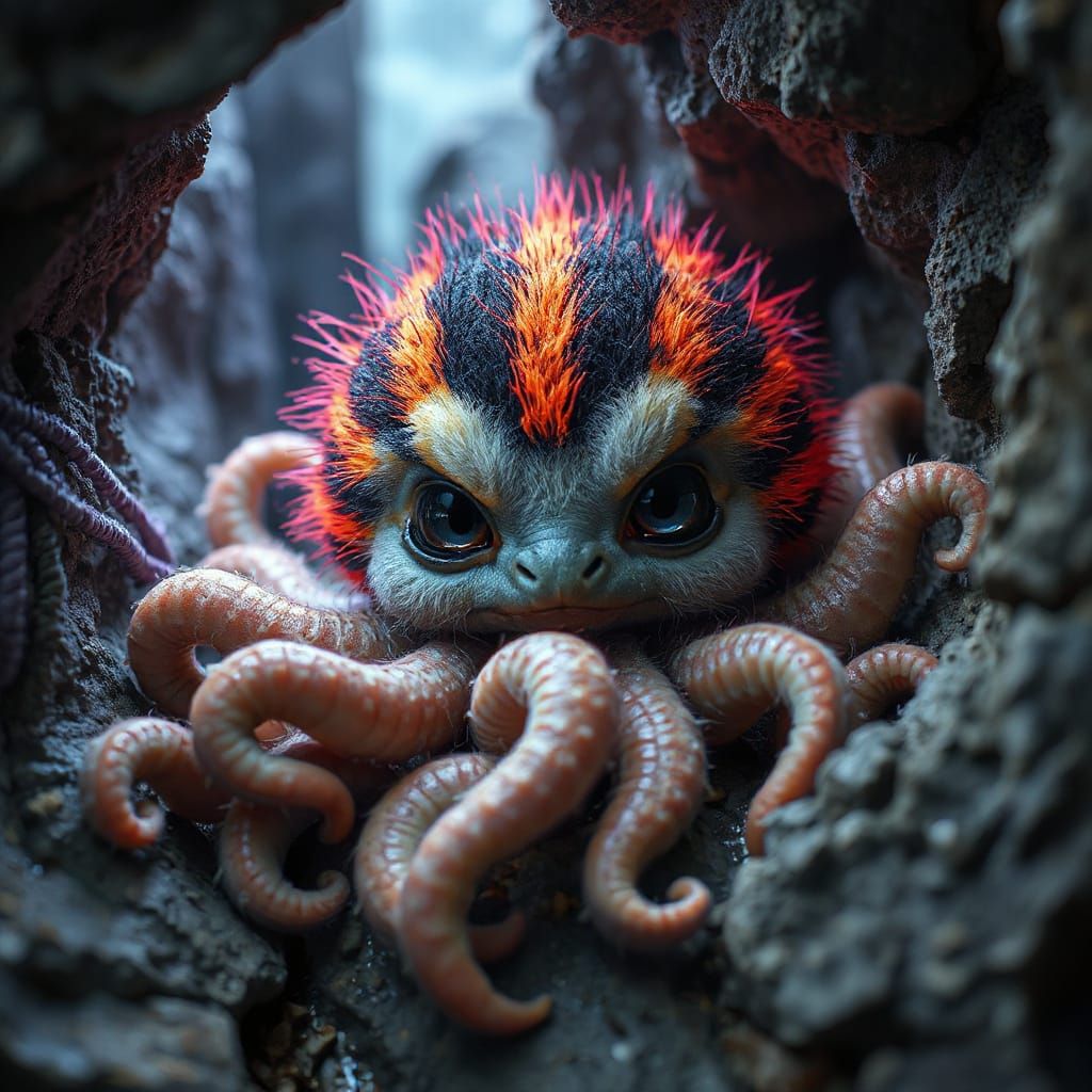 Creepy Cute Neon Creature in Grungy Style