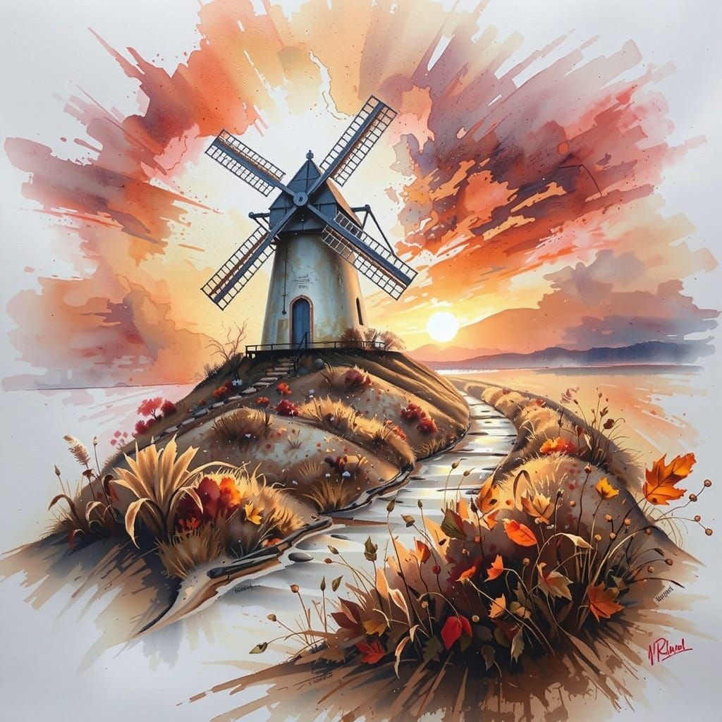 Enchanted Autumn Windmill Sunset in Surreal Watercolour Styl...