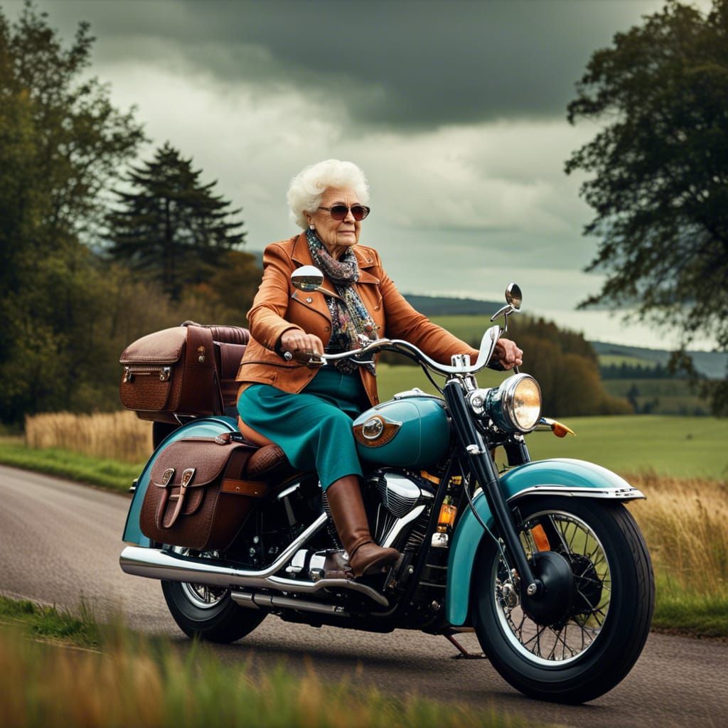 Grandma Rides Harley in Scotland: Colorful Photo