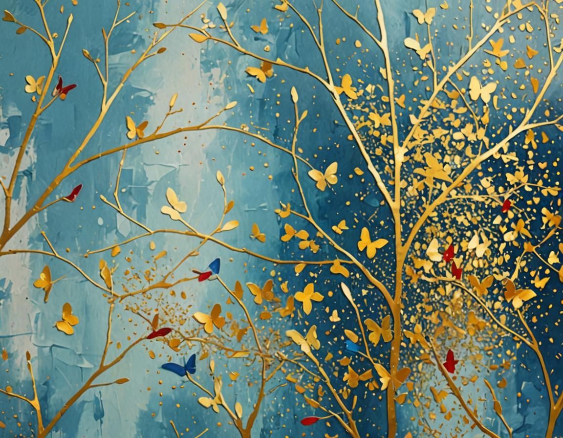 Abstract Willow Branches with Butterflies and Gold Splashes