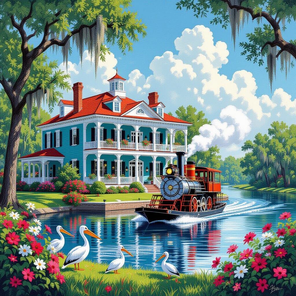 Louisiana Plantation Scene in Romantic Style