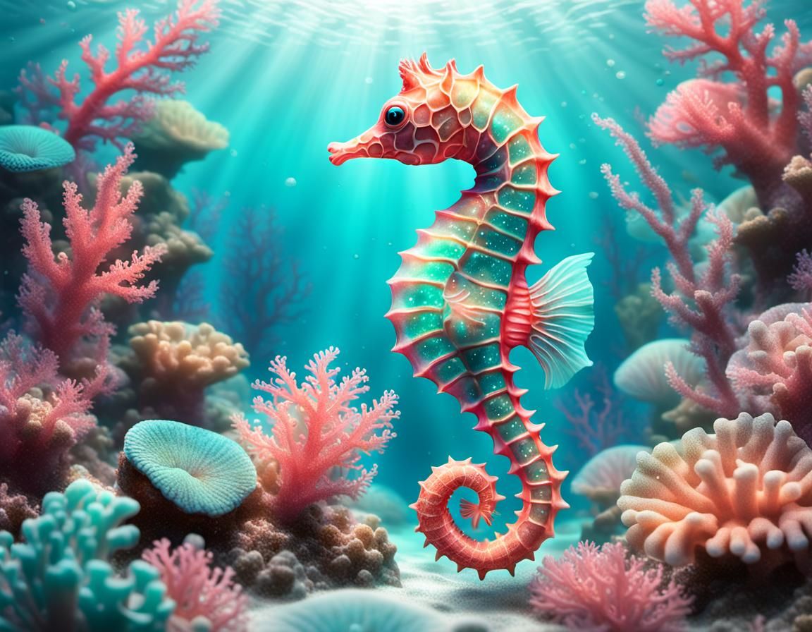 Baby Seahorse in Coral Reef: Digital Art