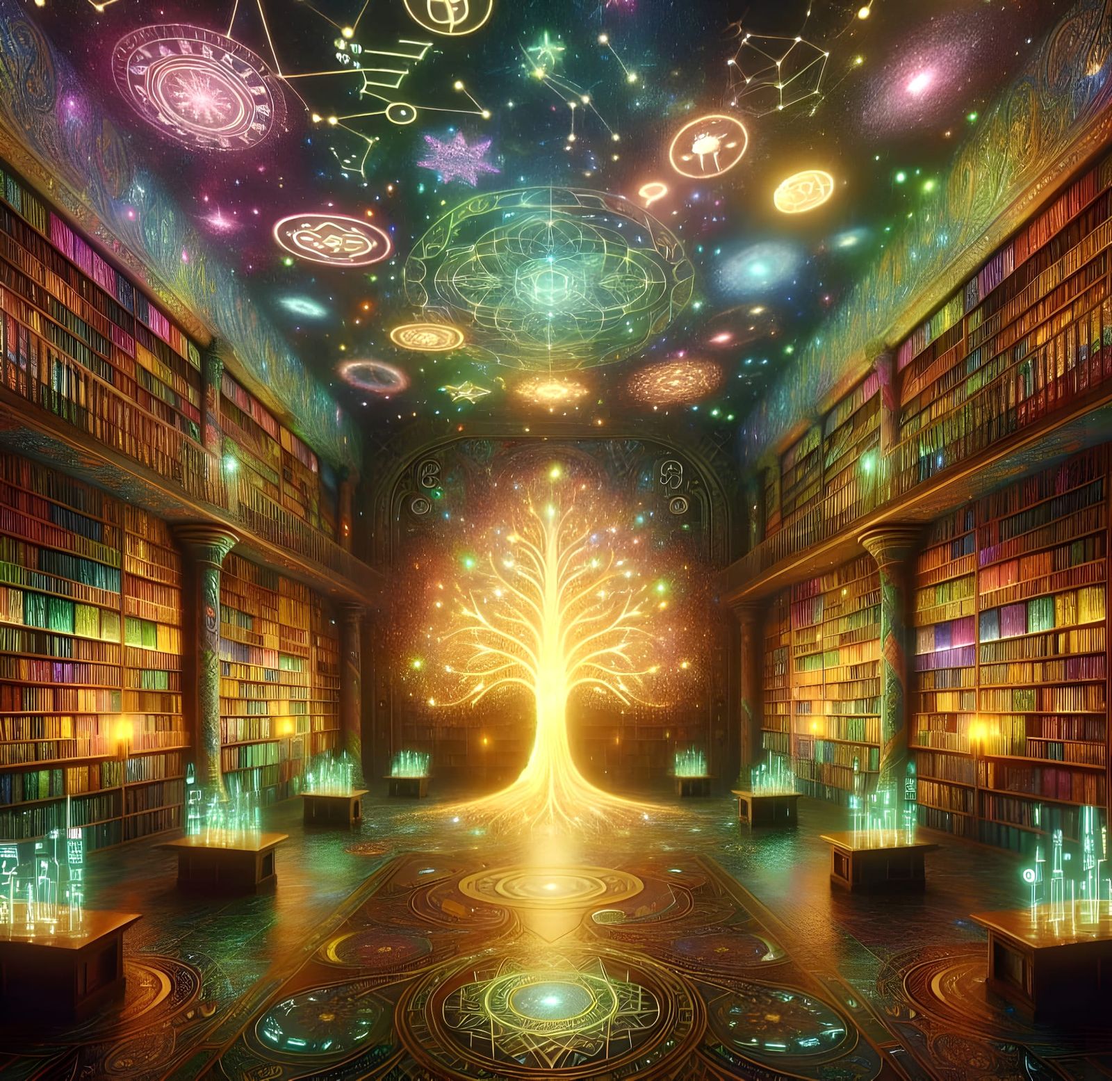 Enchanted Celestial Library with Ancient Tree and Cosmic Lig...