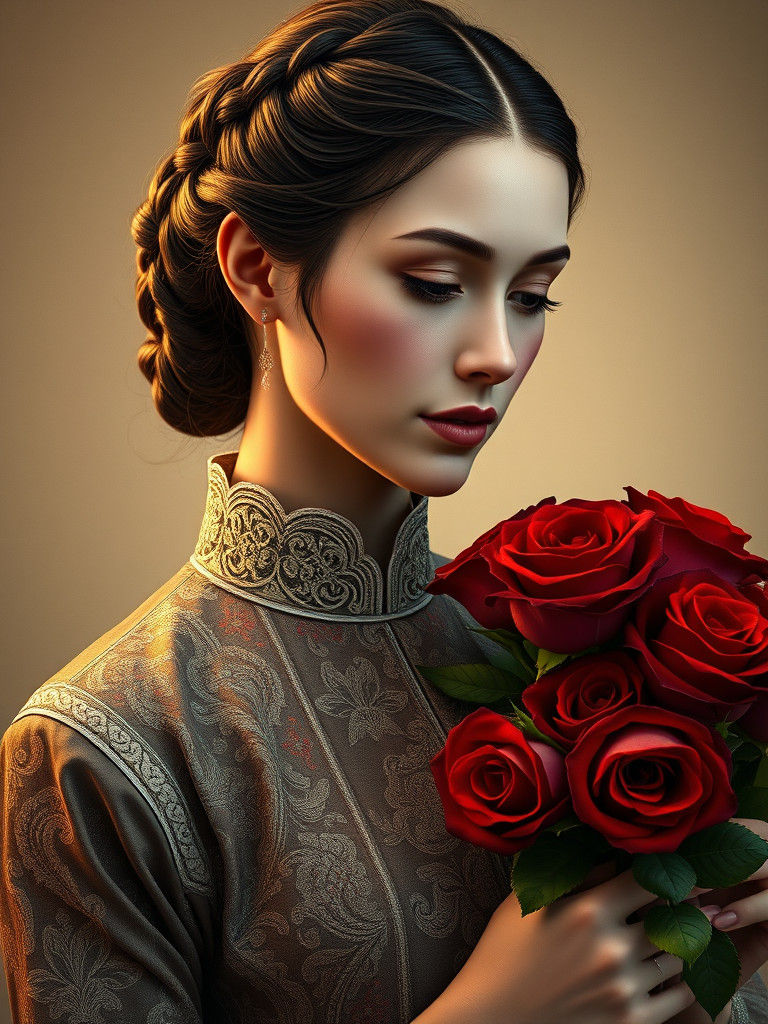 Woman in Traditional Dress with Roses, Art Nouveau Style