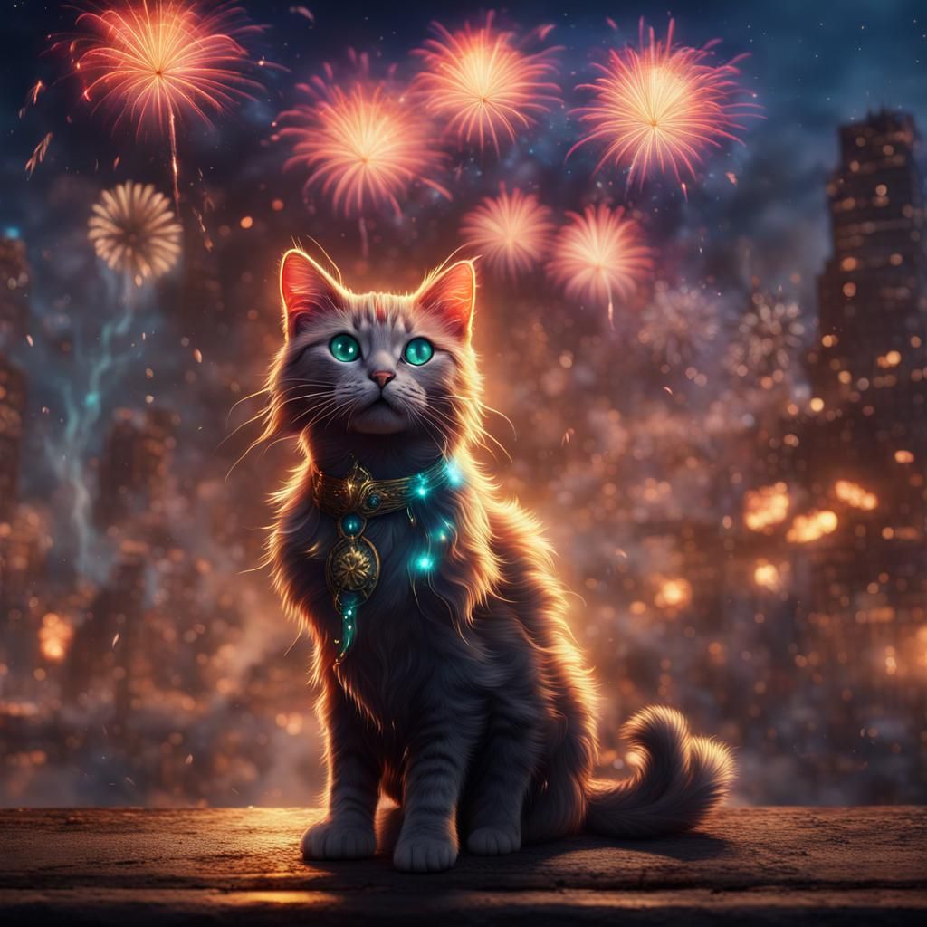 Cat Watching Fireworks: Detailed Fantasy Art