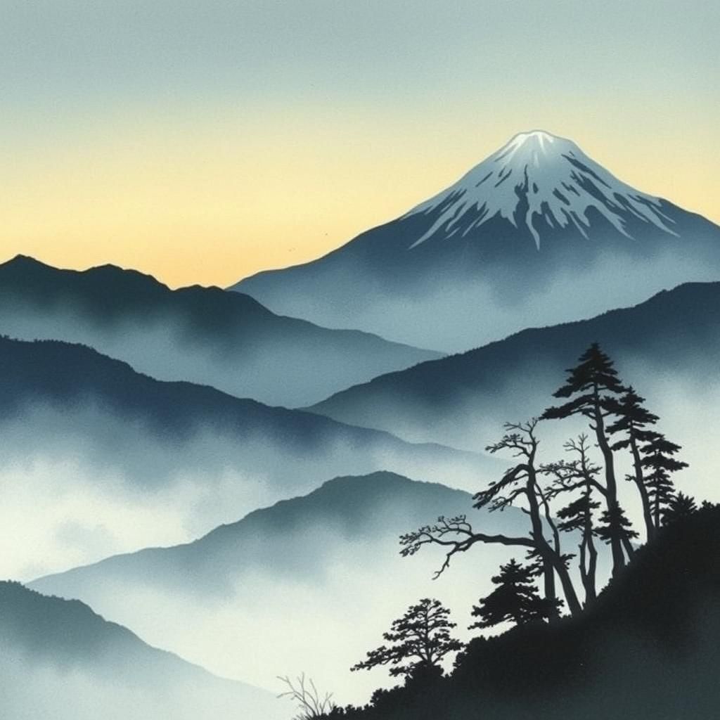 Misty Mountain Landscape in Japanese Art Style