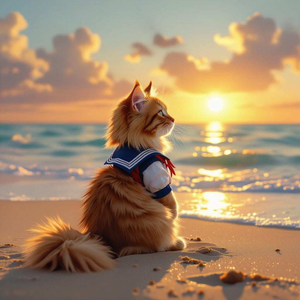 Ginger Cat in Sailor Outfit on Beach at Golden Hour