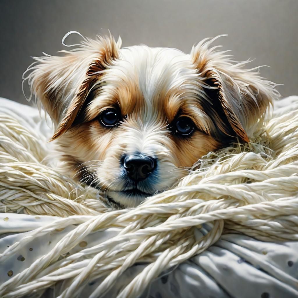 Adorable Puppy in Yarn Bed: Detailed Fabric Art