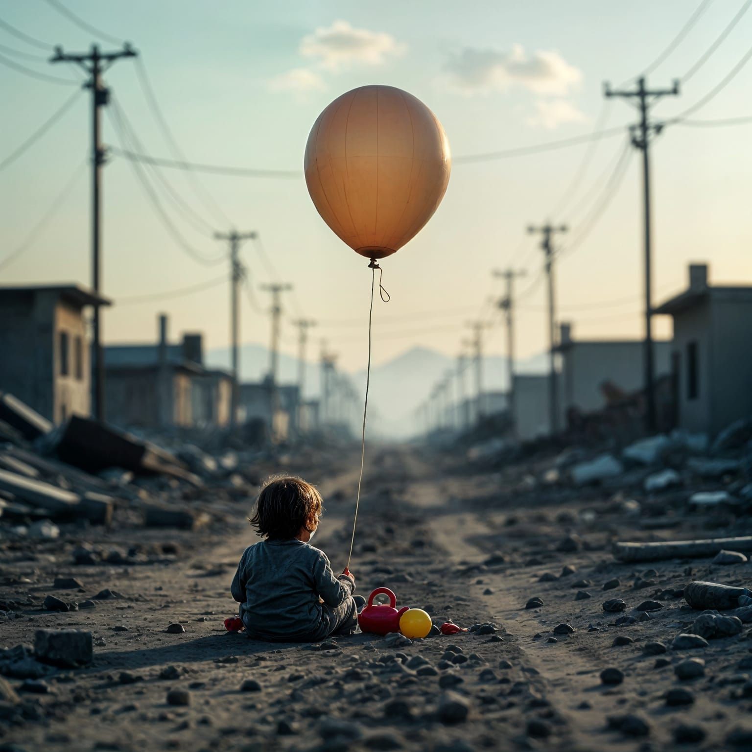 Melancholic Balloon Drifts Through War-Torn Landscape