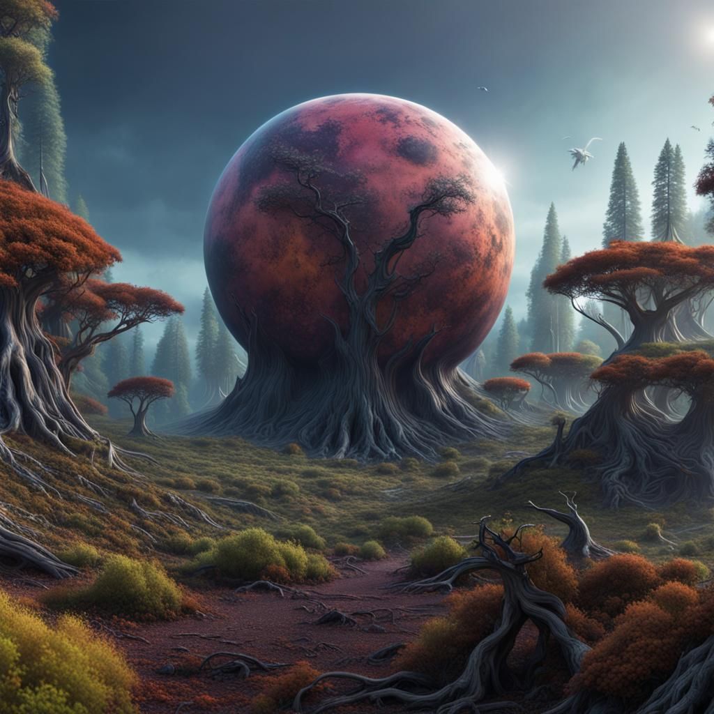 Vibrant Alien Planet Panorama in Detailed Matte Painting