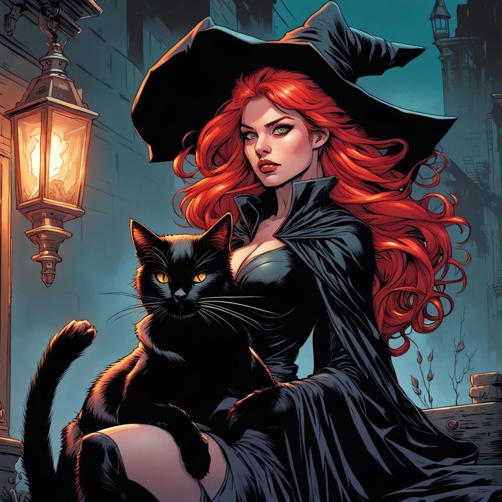Red-Haired Witch and Black Cat in Comic Book Style