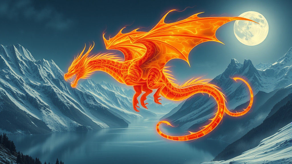 Ethereal Fire Dragon Over Mountain Lake