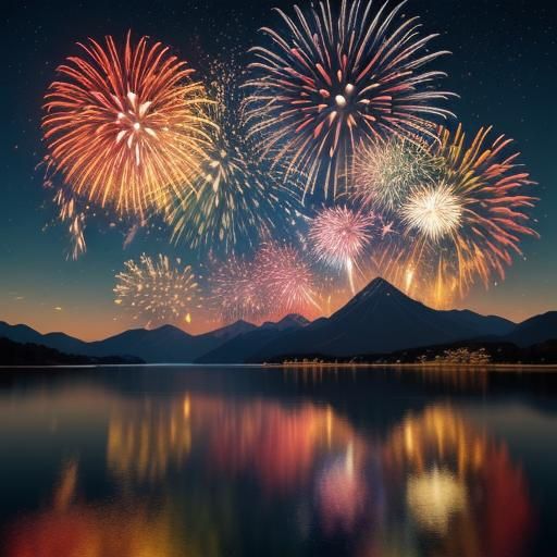 Spectacular Japanese Fireworks Over Serene Lake: Digital Art
