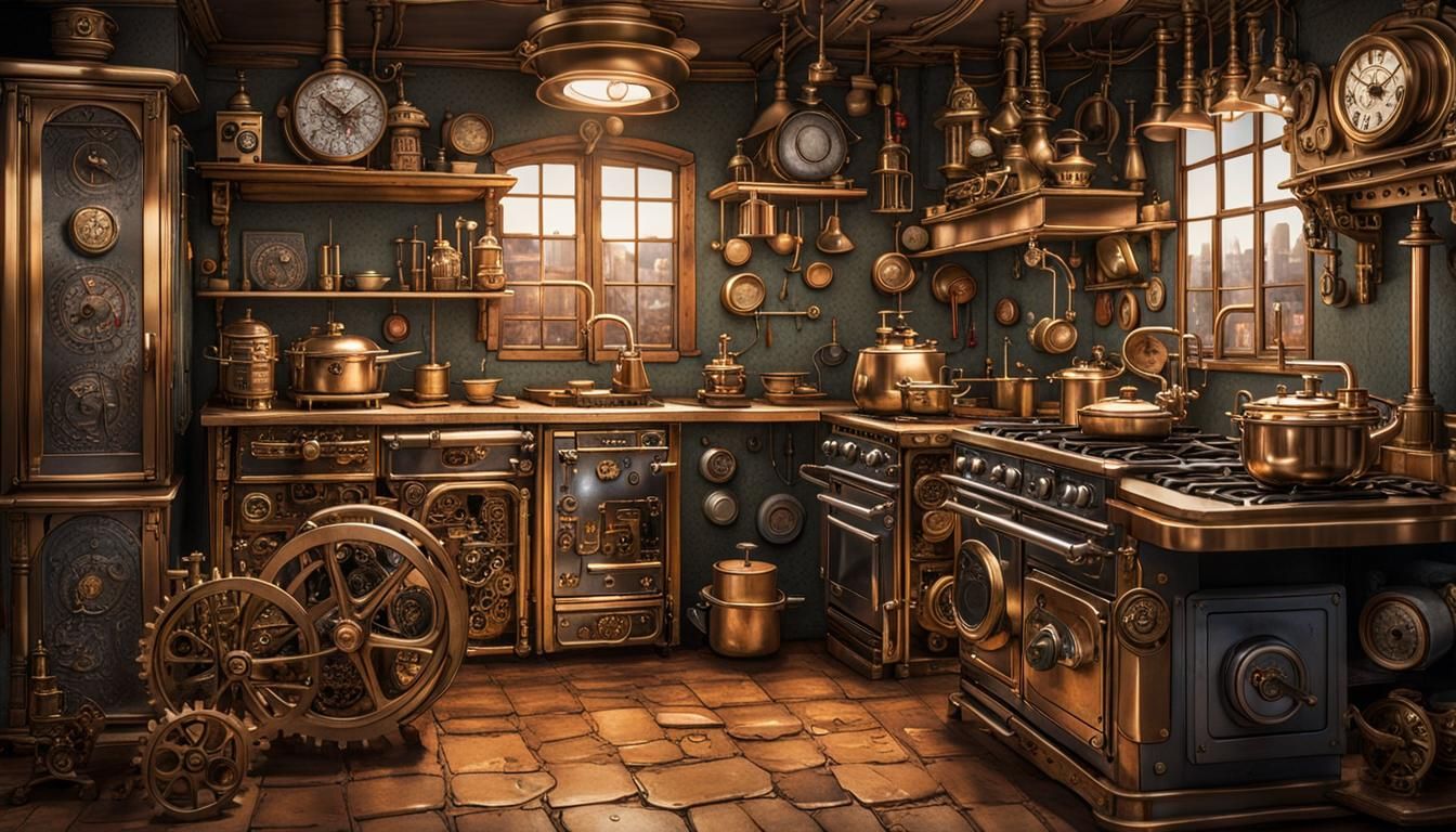 Steampunk Miniature Kitchen with Brass, Copper, and Gears