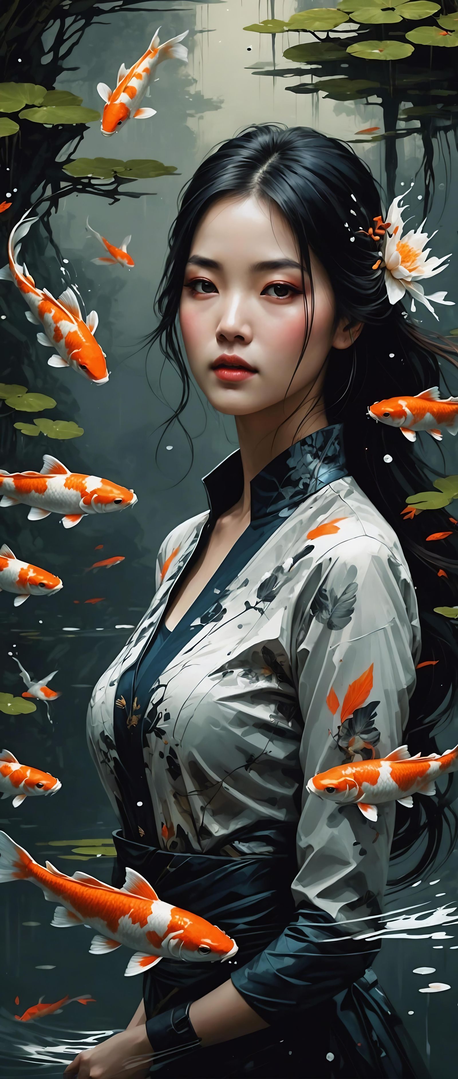 Flying Koi Fish in Pond of Beauty