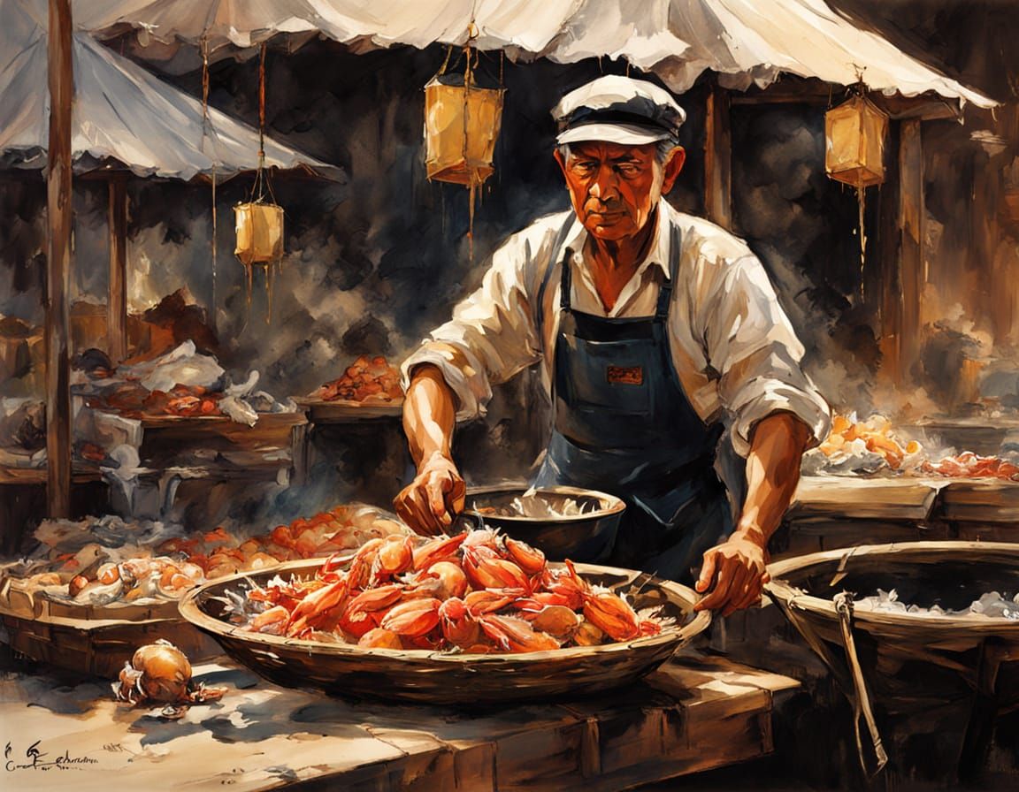 Fisherman at Market: Chinese Ink and Watercolor