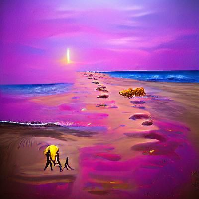 Walking on golden sand beaches with purple and pink glistening water in the distance concept art Behance HD oil on canva...
