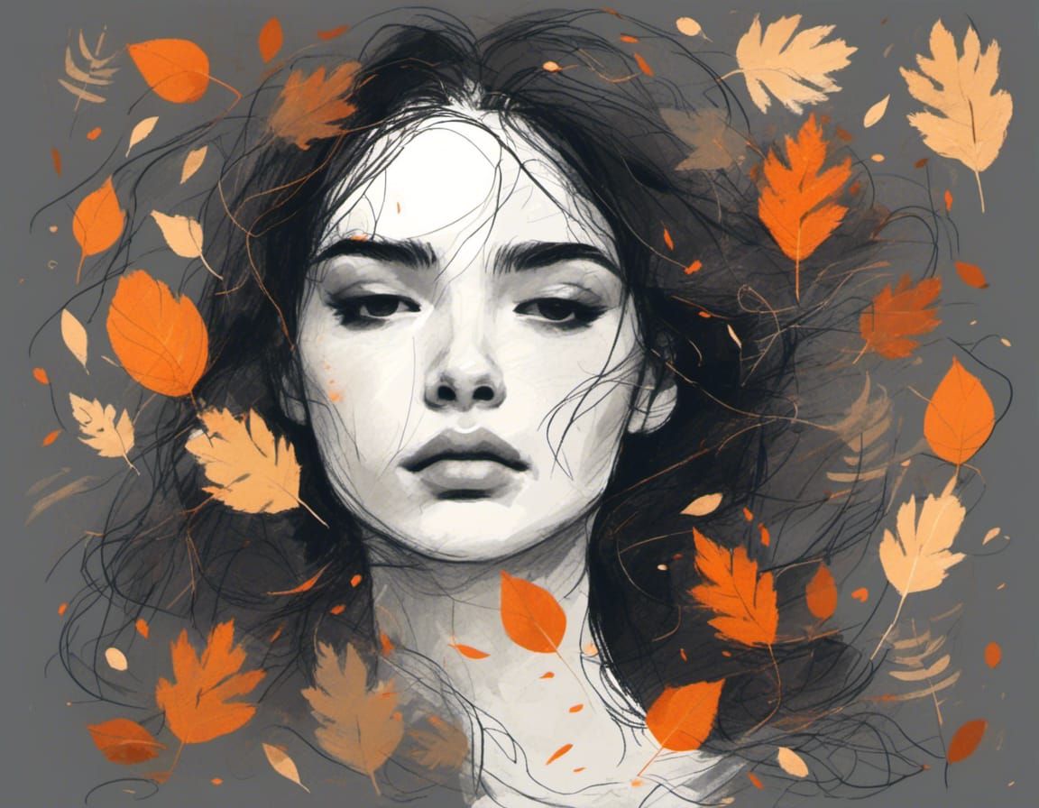 Minimalist Portrait of a Girl with Falling Leaves