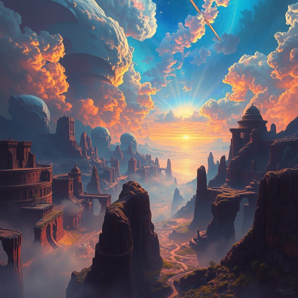 Surreal, Mystic Realm Unfolds in Vibrant, Iridescent Skies