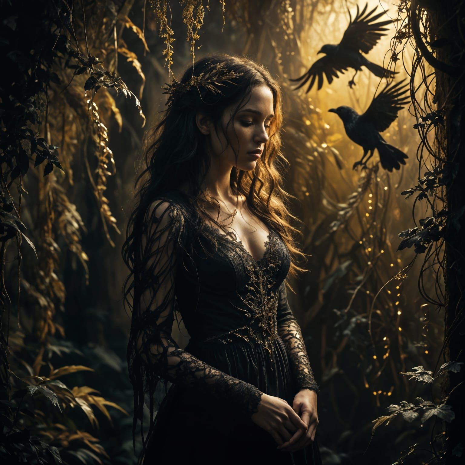 Gothic Woman Holds Raven in Golden Light