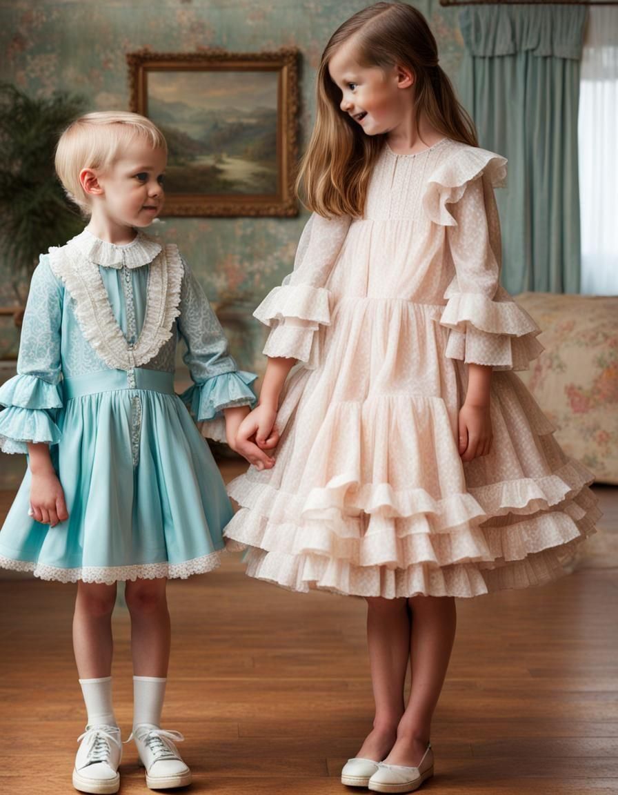 Sister dresses her little brother in a dress