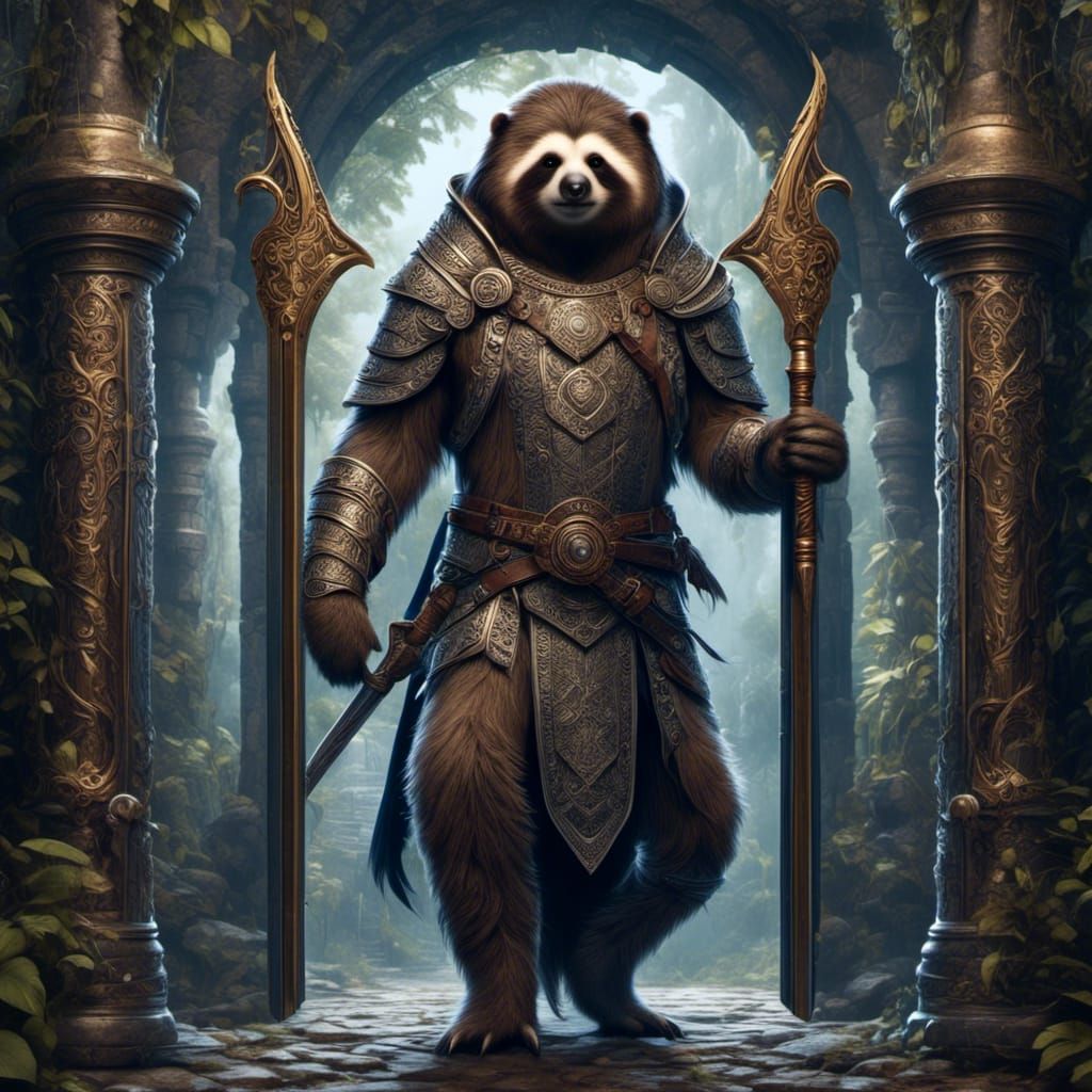 Anthro Sloth Warrior Guarding Fantasy Castle Gate