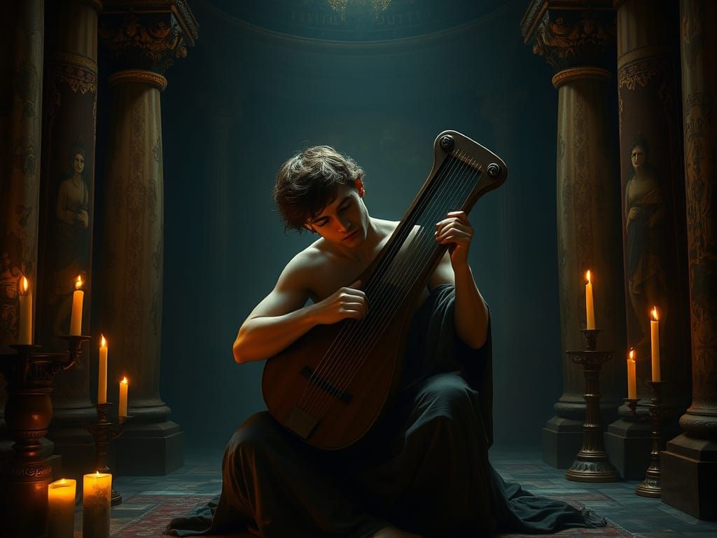 Contemplative Figure Plays Divine Chord in Ancient Temple