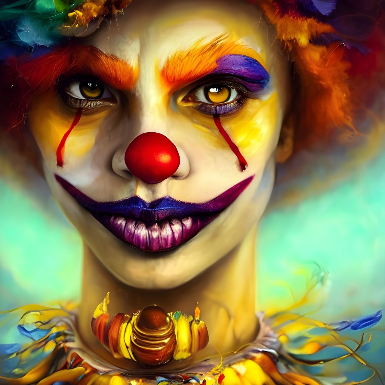 Poignant Clown Portrait in Colorful Oil Painting Style