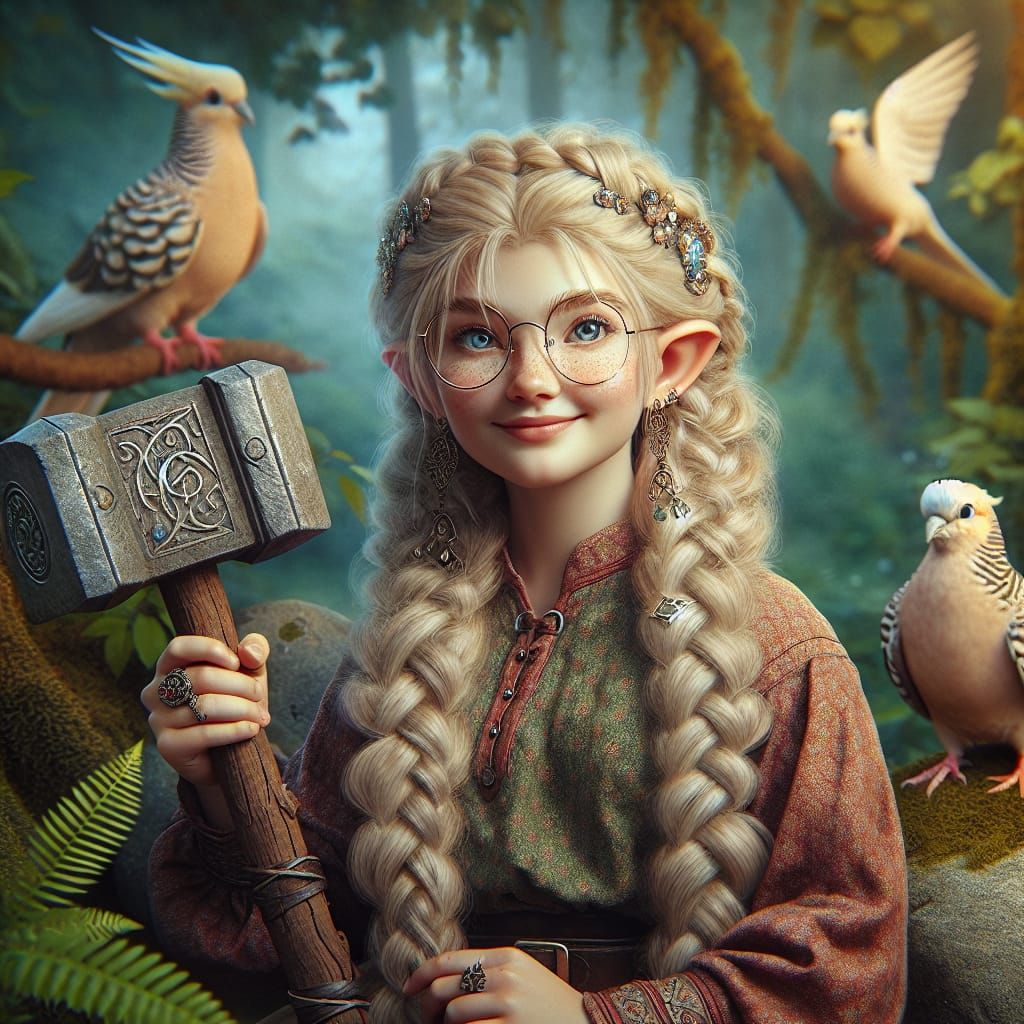 Young Dwarf Girl with War Hammer in Woodland