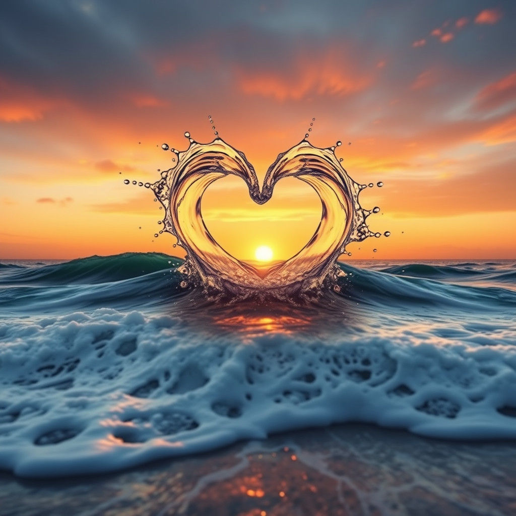 Heart-Shaped Wave Splash at Sunset in Art Deco Style