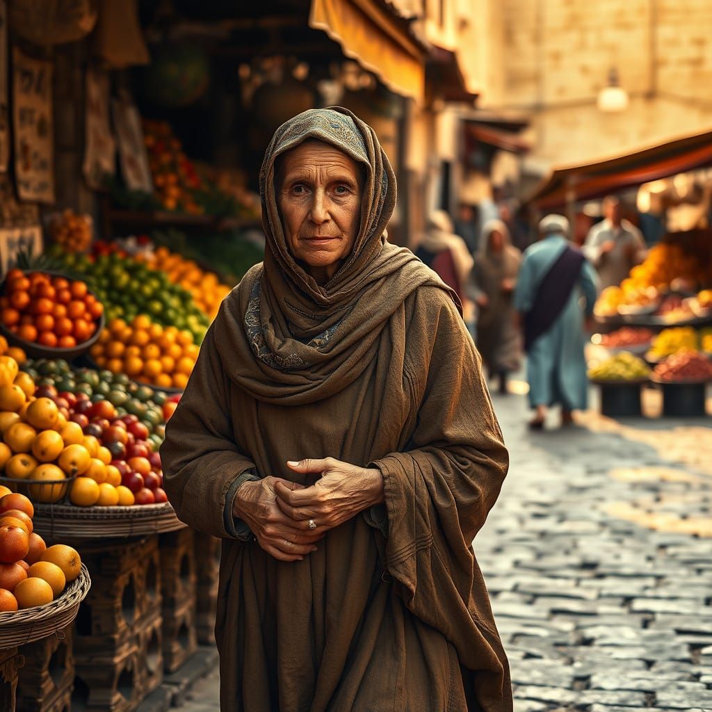 Middle Eastern Woman in Traditional Attire, Amidst Bustling...