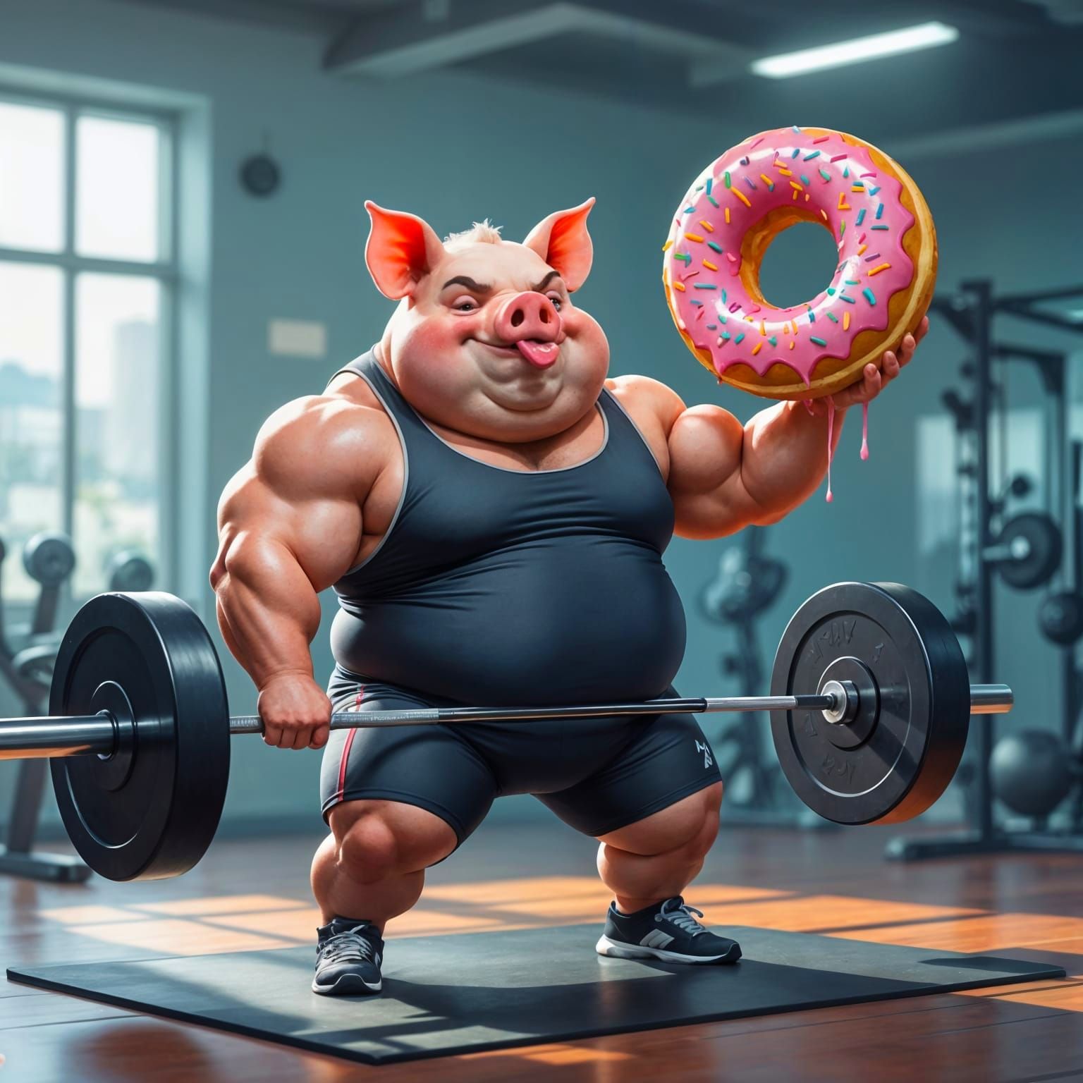 Humorous Pig-Man Gym Workout with Donut