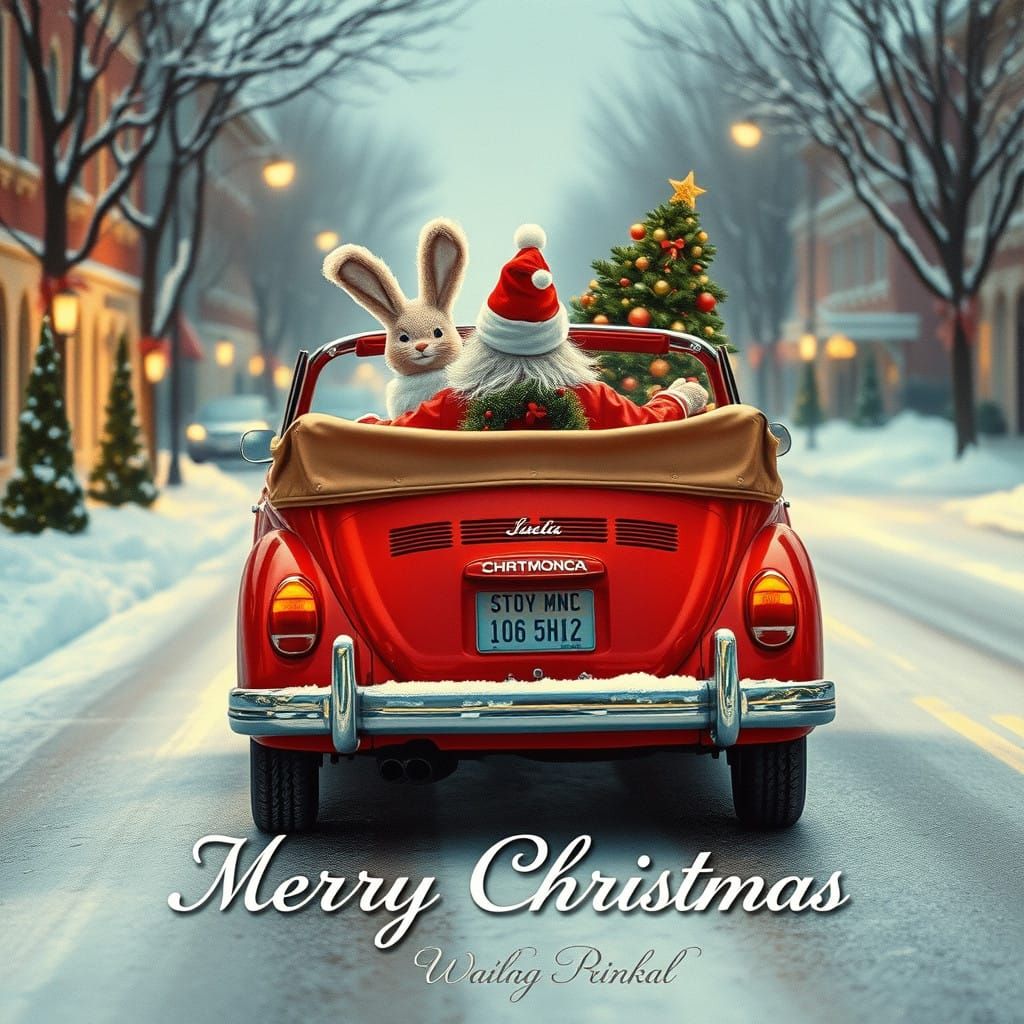 Vintage Santa Bunny Cruises Through Snowy Streets in a Red V...