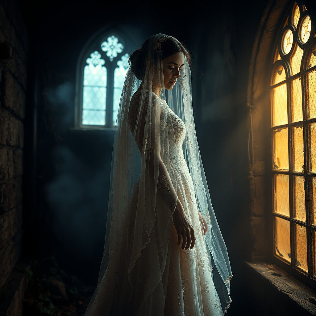Cobweb Wedding Dress in Abandoned Chapel: Hyperrealism