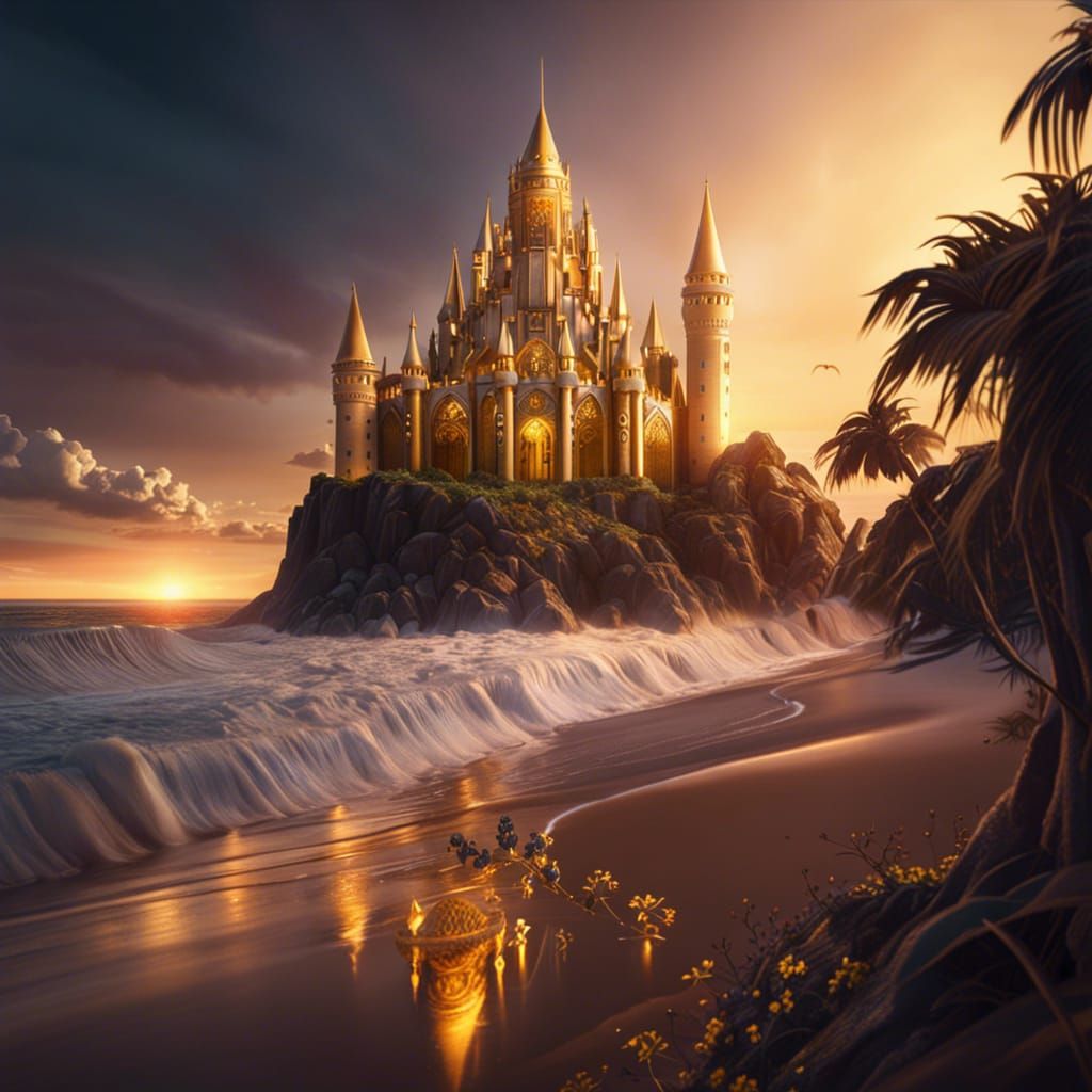 Elegant Gold Unicorn at Beach Castle, Fantasy Art