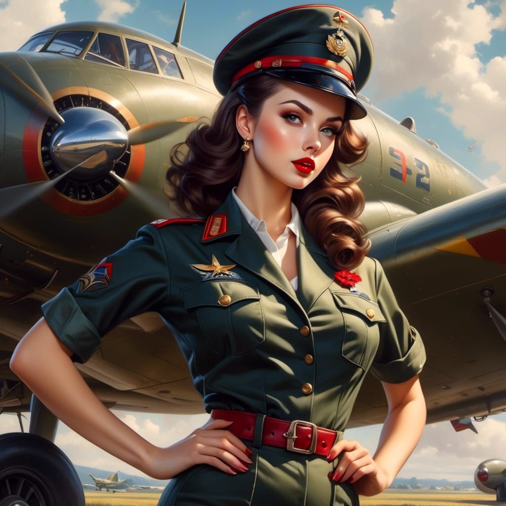 WW2 Pin-Up Girl Next to Aeroplane in Royo Style