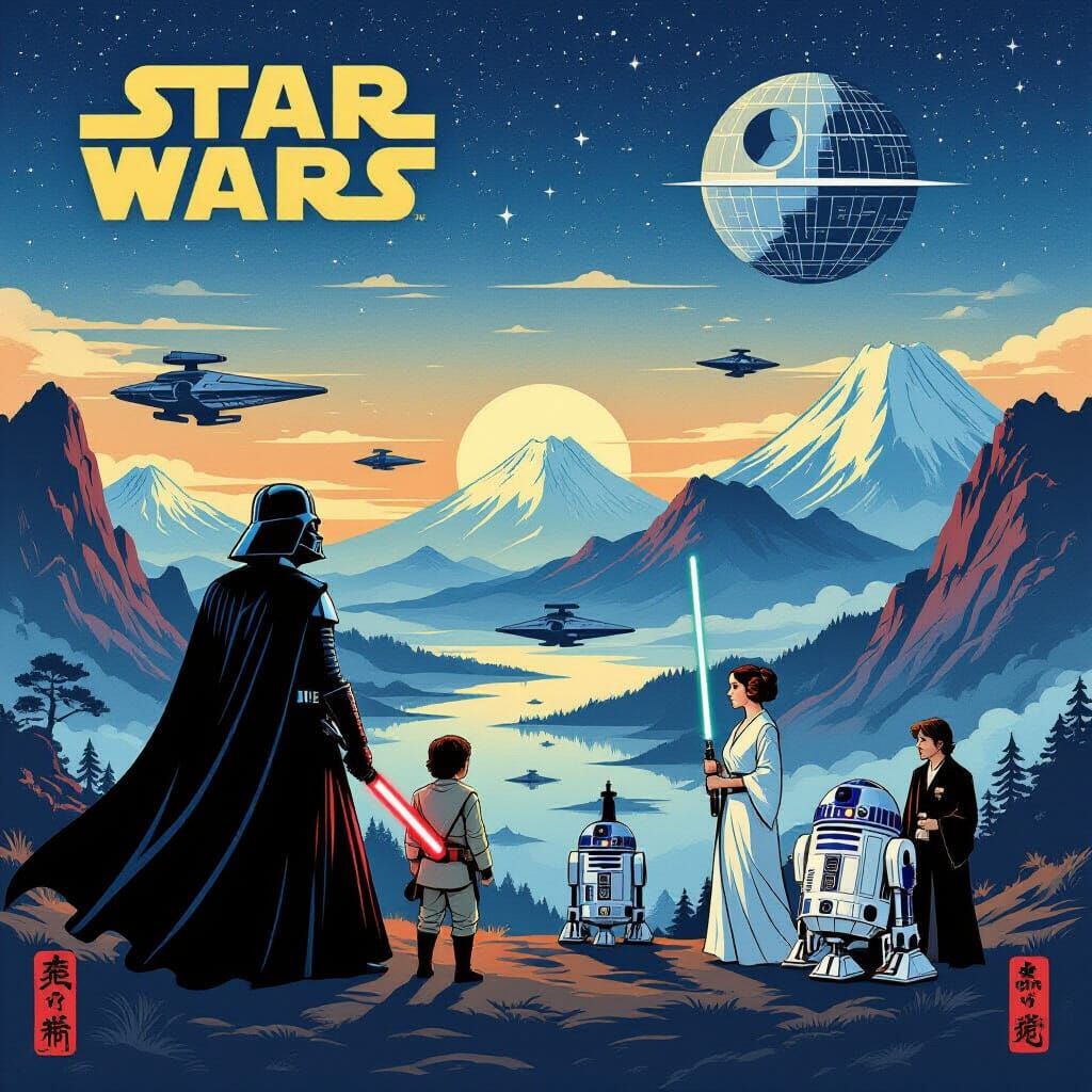 Star Wars Universe in Ukiyo-e Style Panorama
