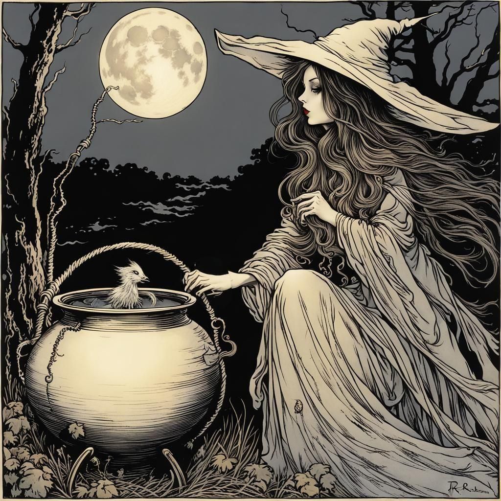 Witch with detailed face, and her cauldron,  harvest moon, B...