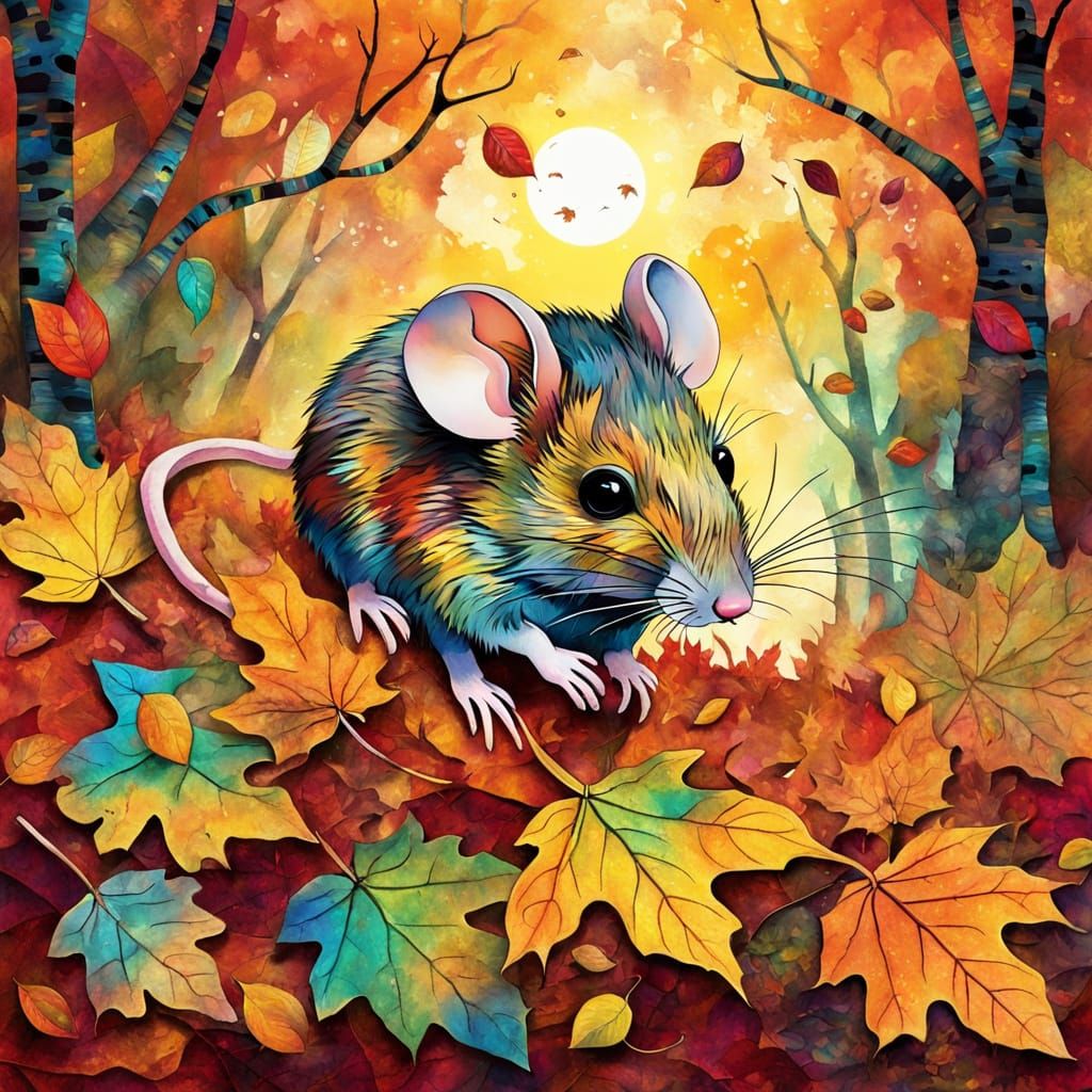 Mouse Hiding in Autumn Leaves at Sunset