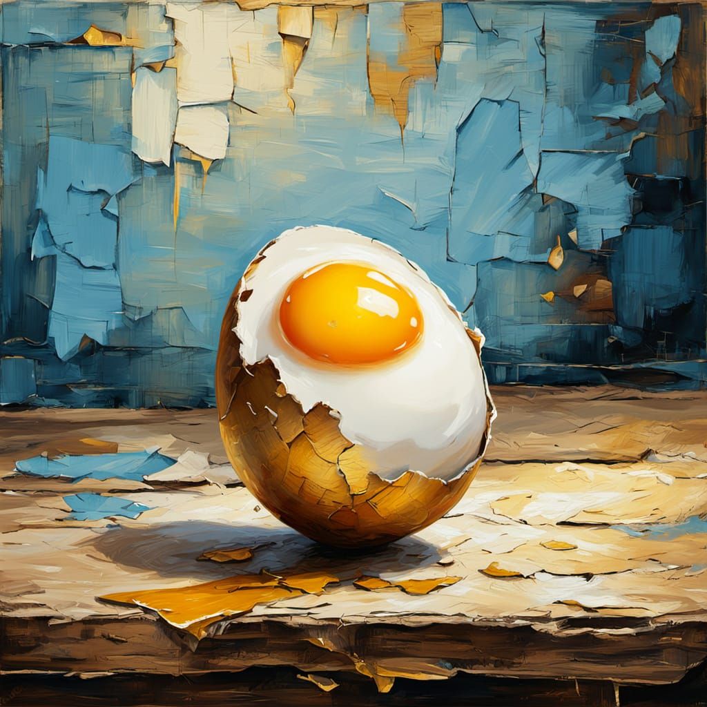 Impasto Oil Painting of a Worn Egg on Wooden Table
