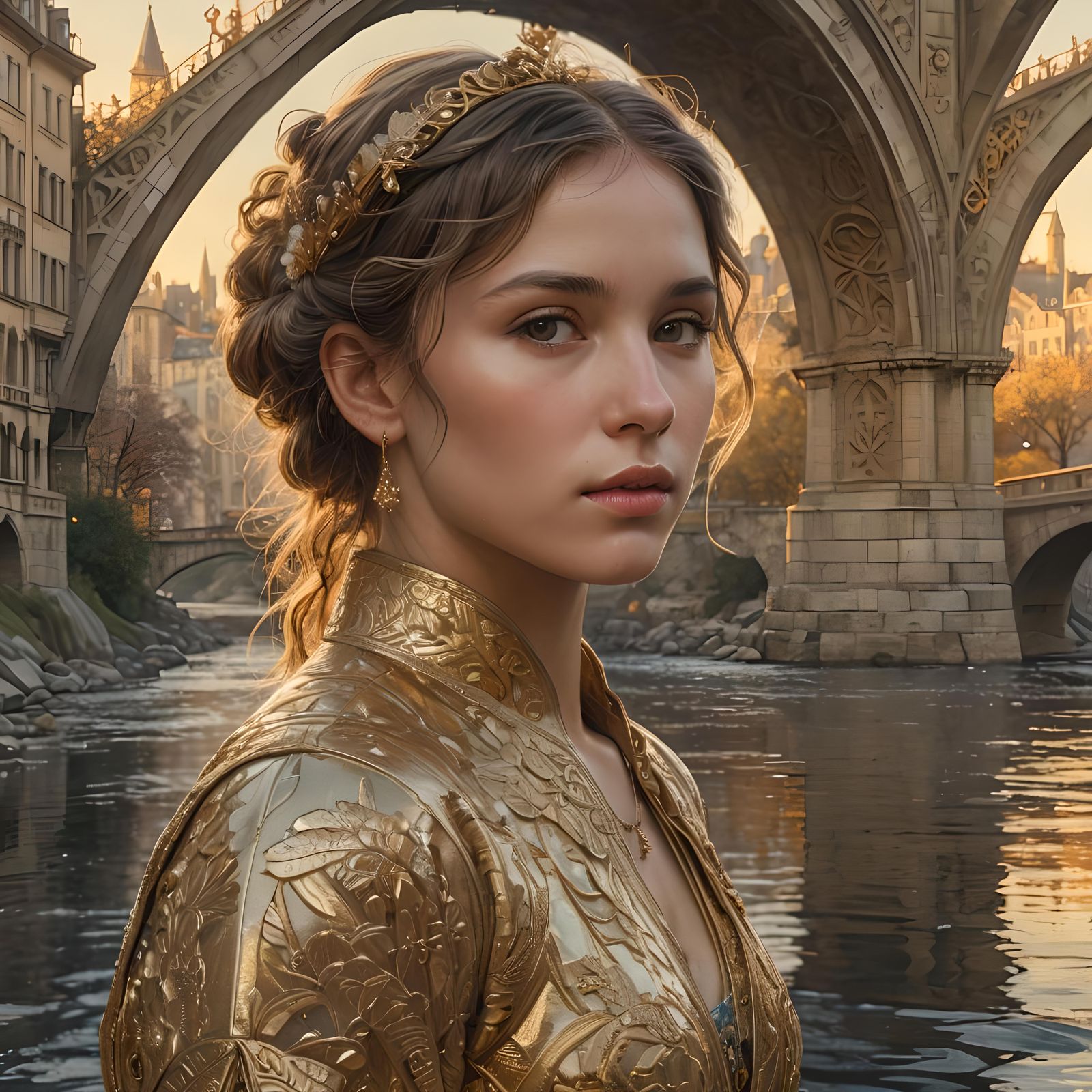 Arched Bridge in Golden City: Hyperdetailed Concept Art