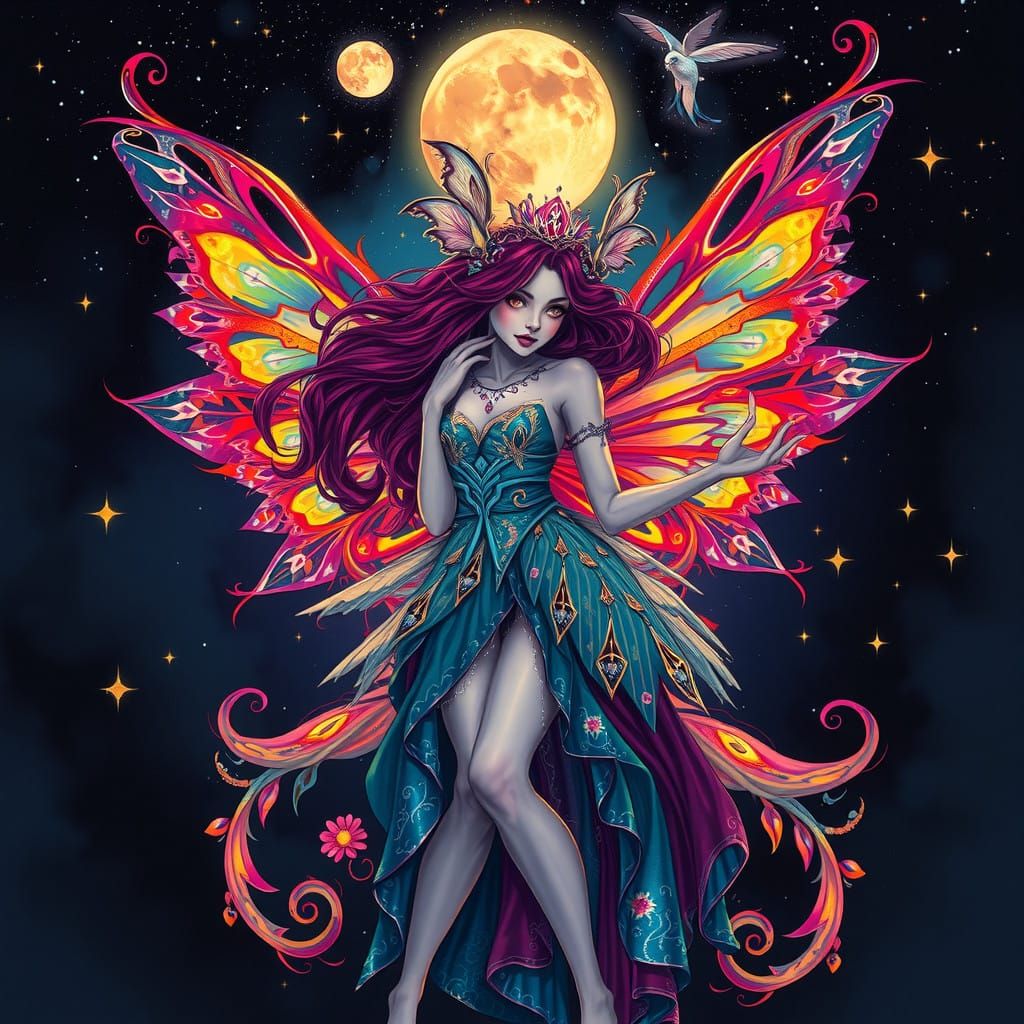 Surreal Fairy Goddess in Dark, Heavenly Night Sky